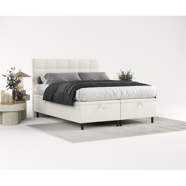 Pat matrimonial crem tapițat cu spațiu de depozitare 160x200 cm Senses – Maison de Rêve-image-1