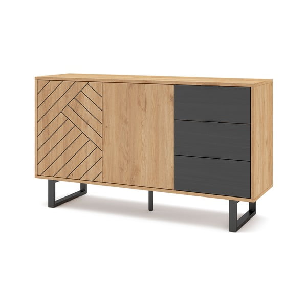 Comodă gri antracit/natural joasă cu aspect de lemn de stejar 140x80 cm Madona – Marckeric-image-3