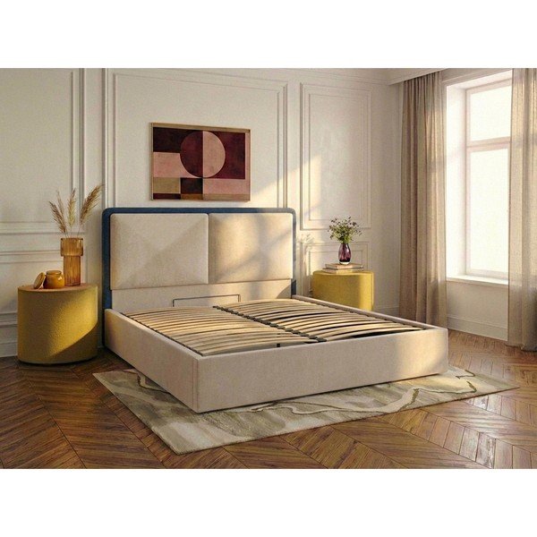 Pat matrimonial albastru/bej tapițat cu spațiu de depozitare cu somieră 180x200 cm Mara – Bobochic Paris-image-2
