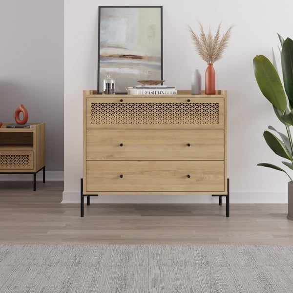 Comodă în culoare naturală joasă cu aspect de lemn de stejar 90x80 cm Mayra – Marckeric-image-1