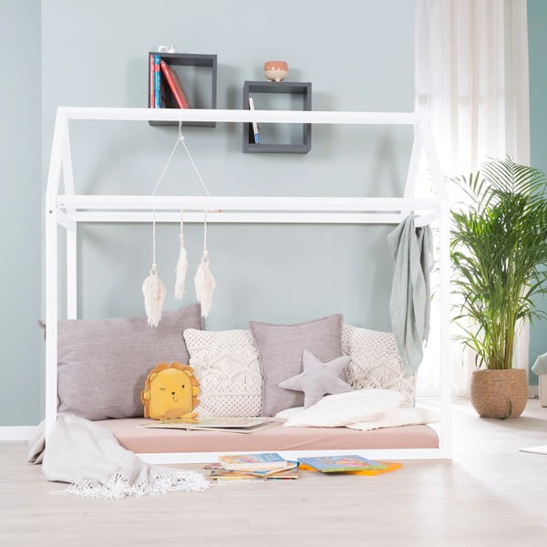 Pat pentru copii  alb de tip casă din lemn de pin cu saltea/fără somieră 70x140 cm House Bed – Roba-image-3