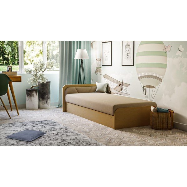 Pat galben ocru/bej tapițat/din  placă aglomerată de lemn cu spațiu de depozitare cu saltea 80x190 cm Parys – ELTAP-image-1