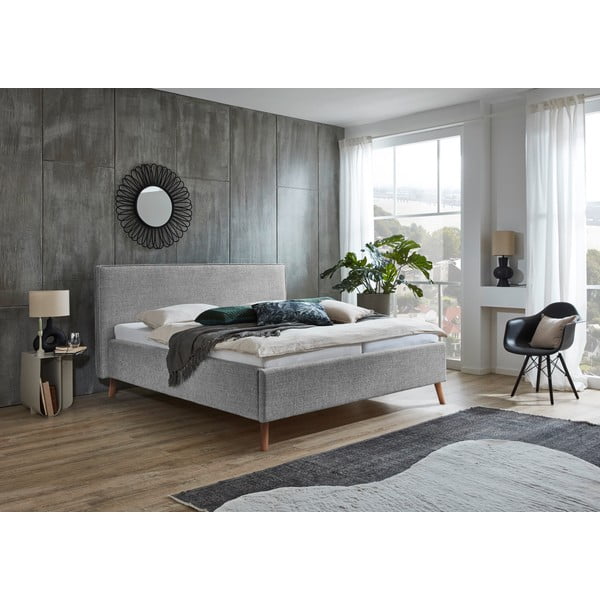 Pat matrimonial gri deschis tapițat cu spațiu de depozitare cu somieră 180x200 cm Riva – Meise Möbel-image-1