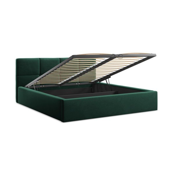 Pat matrimonial verde închis tapițat din catifea cu spațiu de depozitare cu somieră 140x200 cm Hiko – Makamii-image-2