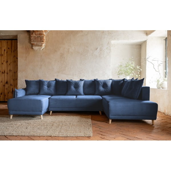 Colțar albastru închis extensibil cu tapițerie din catifea reiată  (colț dreapta/în formă de "U") Lazy Lukka – Miuform-image-1