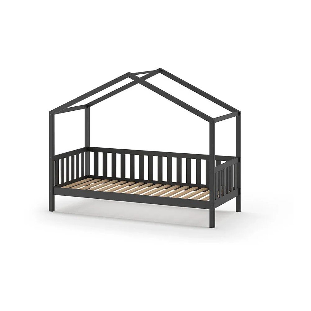 Pat pentru copii gri antracit de tip casÄdin lemn masiv de pin 90x200 cm DALLAS âu0080Vipack