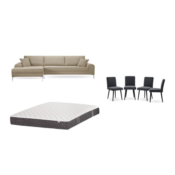Set canapea gri-bej cu șezut pe partea stângă, 4 scaune gri antracit, o saltea 160 x 200 cm Home Essentials