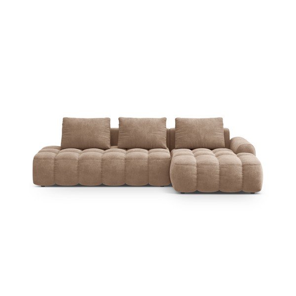 Colțar maro deschis extensibil/cu spațiu de depozitare cu tapițerie din catifea (cu colț pe partea dreaptă/cu șezlong) Linz – Cosmopolitan Design