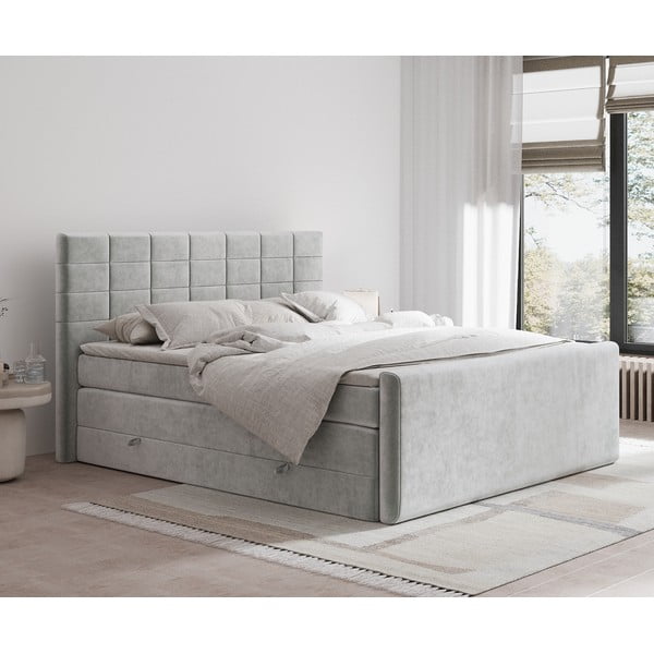 Pat boxspring gri deschis cu spațiu de depozitare 200x200 cm Ava – Maison de Rêve-image-1