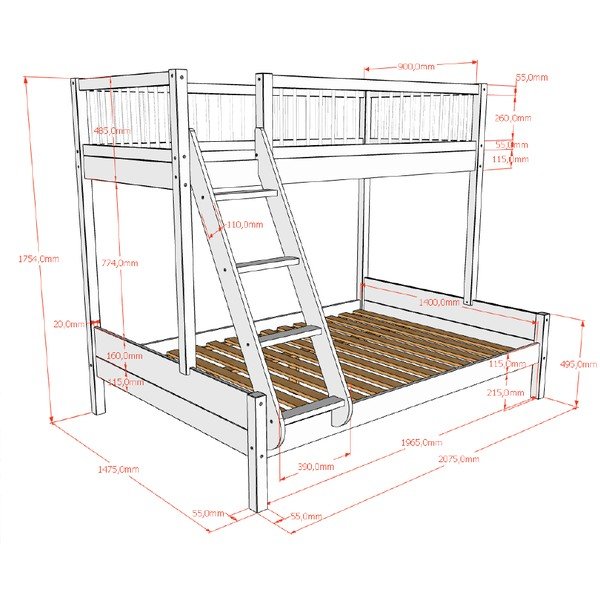 Pat pentru copii  alb supraetajat din lemn de fag cu somieră 140x200/90x200 cm Forrest – Vipack-image-2