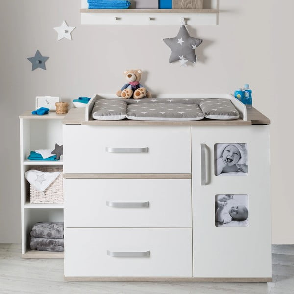 Comodă de copii albă joasă cu aspect de lemn de ulm cu masă de schimbat 117x102 cm Moritz – Roba-image-1