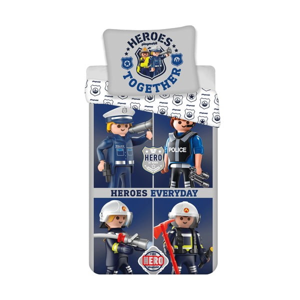 Lenjerie de pat pentru copii albastră-gri din bumbac pentru pat de o persoană 140x200 cm Playmobil – Jerry Fabrics