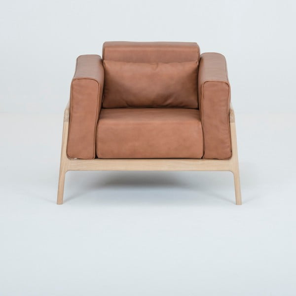 Fotoliu din piele bovină cu structură din lemn masiv de stejar Gazzda Fawn, maro cognac-image-1