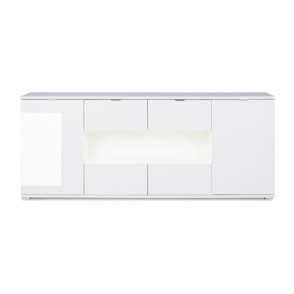 Comodă cu elemente din sticlă, 4 sertare și iluminare LED Intertrade Glossy, alb lucios