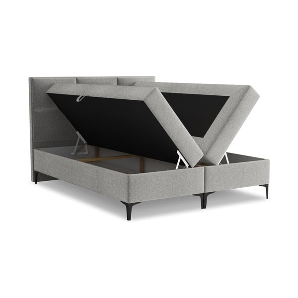 Pat boxspring gri deschis cu spațiu de depozitare 160x200 cm Pakalana – Makamii-image-1