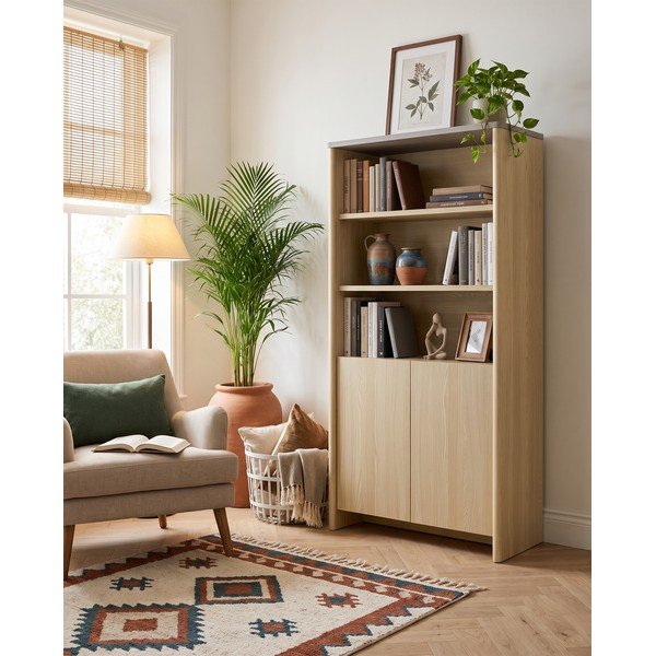 Bibliotecă albă/în culoare naturală deschisă cu aspect de lemn de stejar 90x180x48 cm Dore – Marckeric-image-1