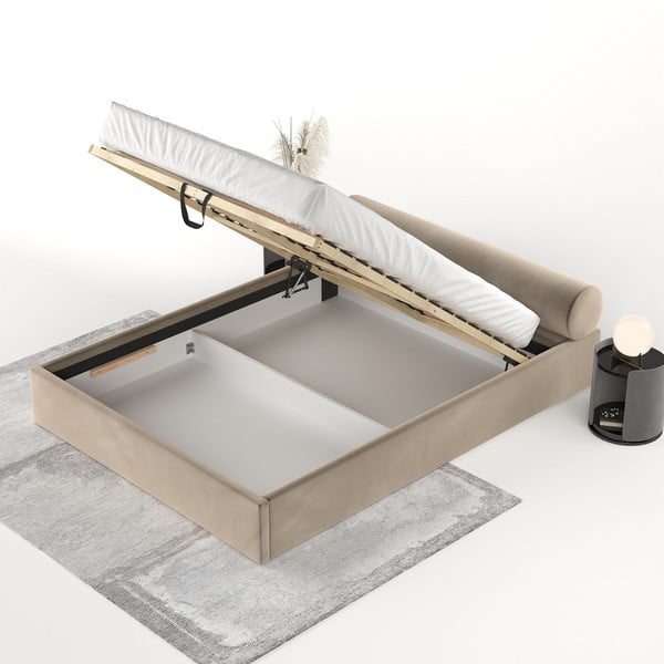 Pat matrimonial maro deschis tapițat cu spațiu de depozitare cu somieră 160x200 cm Solvo – Maison de Rêve-image-3