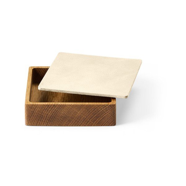 Cutie de depozitare crem-în culoare naturală din lemn și din piele ecologică cu capac, decorativă 11x11x3,5 cm Square Nupo – LIND DNA-image-1