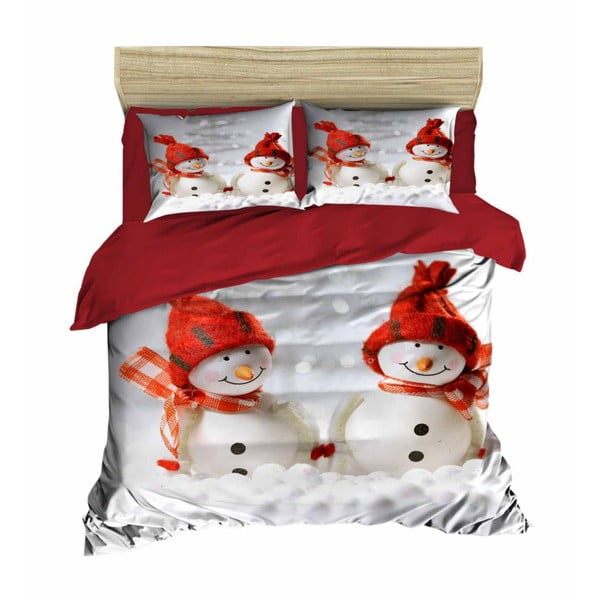 Lenjerie de pat cu cearșaf pentru pat dublu Christmas Snowmen, 200 x 220 cm