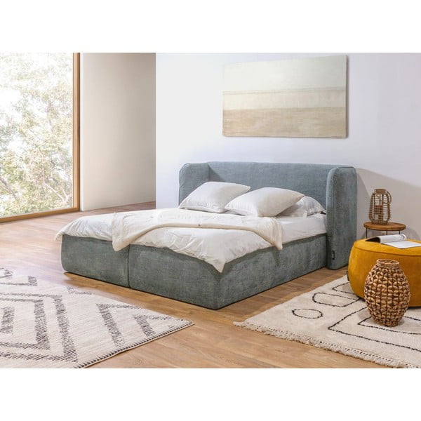 Pat matrimonial gri deschis tapițat cu spațiu de depozitare și somieră 160x200 cm Louise – Bobochic Paris-image-1