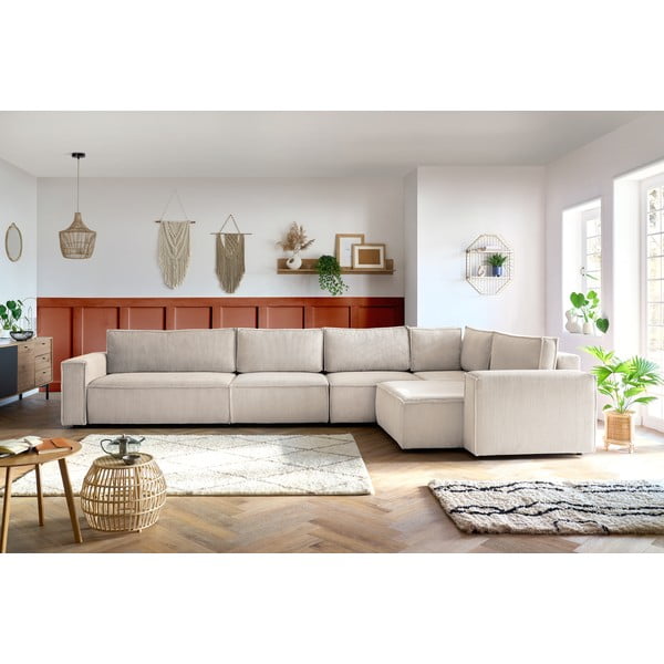 Colțar crem cu tapițerie din catifea reiată  (cu colț pe partea dreaptă) Nihad modular – Bobochic Paris-image-1