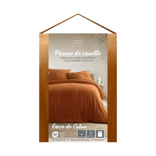 Lenjerie de pat teracotă din muselină pentru pat dublu/extinsă cu 3 piese 260x240 cm Angelia – douceur d'intérieur-image-1
