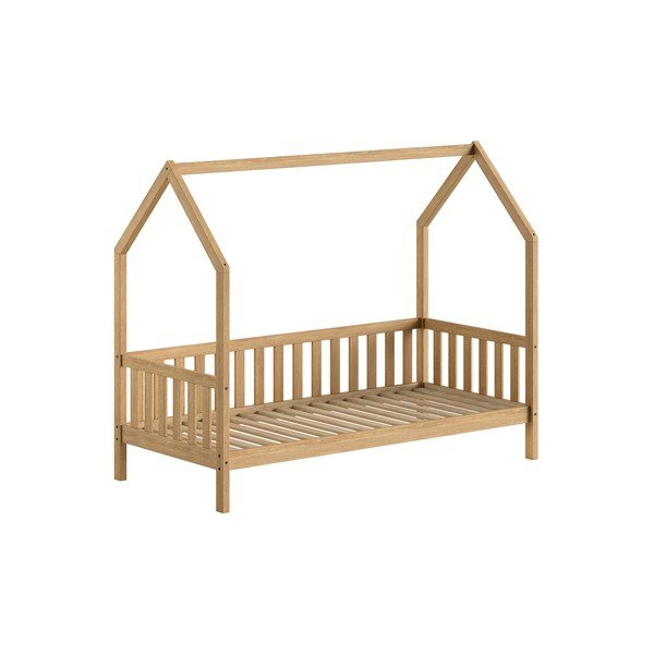 Pat pentru copii  în culoare naturală de tip casă, din lemn de stejar cu somieră 90x200 cm Cabane – Vipack-image-2