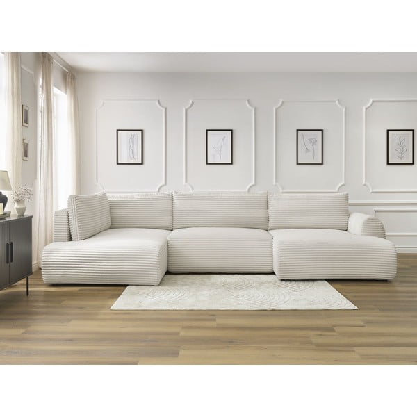 Colțar crem extensibil/cu spațiu de depozitare cu tapițerie din catifea reiată  (cu colț pe partea stângă/în formă de "U") Lucien – Bobochic Paris-image-1