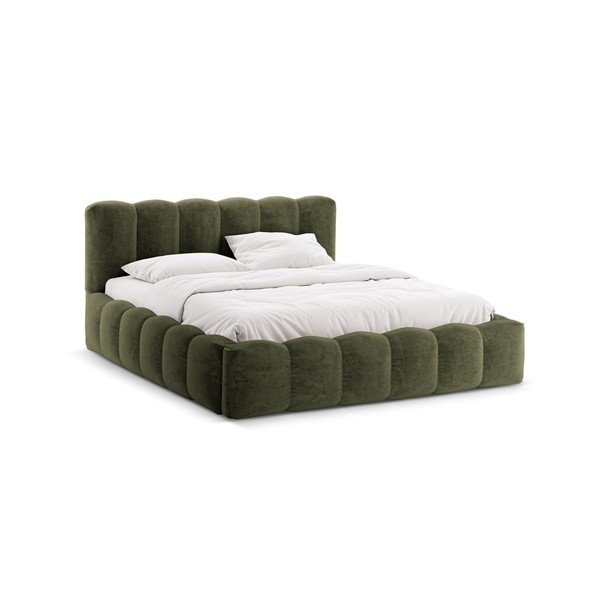 Pat matrimonial verde tapițat cu spațiu de depozitare cu somieră 160x200 cm Lupine – Micadoni 