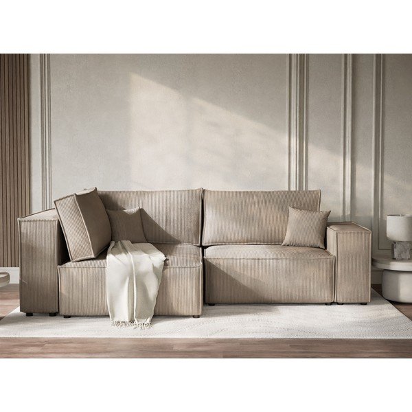 Colțar bej extensibil/cu spațiu de depozitare cu tapițerie din catifea reiată  (cu colț pe partea stângă/în formă de ”L”) Tonga – Maison de Rêve-image-1