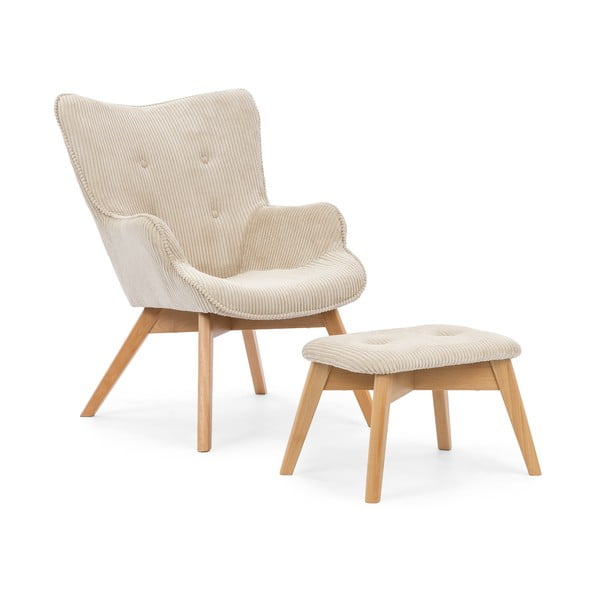 Fotoliu cu taburet bej cu tapițerie din catifea reiată Niko – Ropez