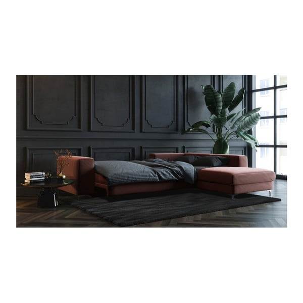 Colțar extensibil din catifea cu șezlong pe partea dreaptă devichy Rothe, roz închis-image-4