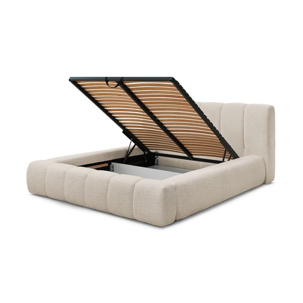 Pat matrimonial bej tapițat cu spațiu de depozitare cu somieră 180x200 cm Denali – Bobochic Paris-image-4