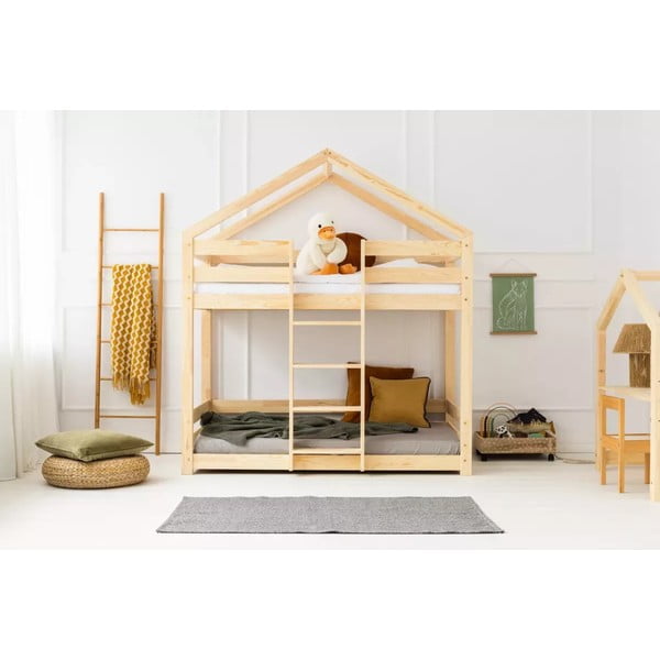 Pat pentru copii  în culoare naturală de tip casă/supraetajat cu somieră 90x180 cm DMPN – Adeko