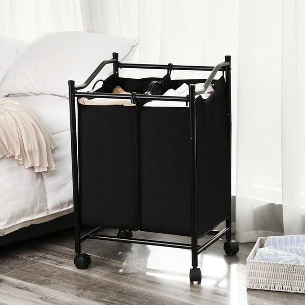 Coș de rufe cu roți și 2 compartimente Songmics, negru-image-1