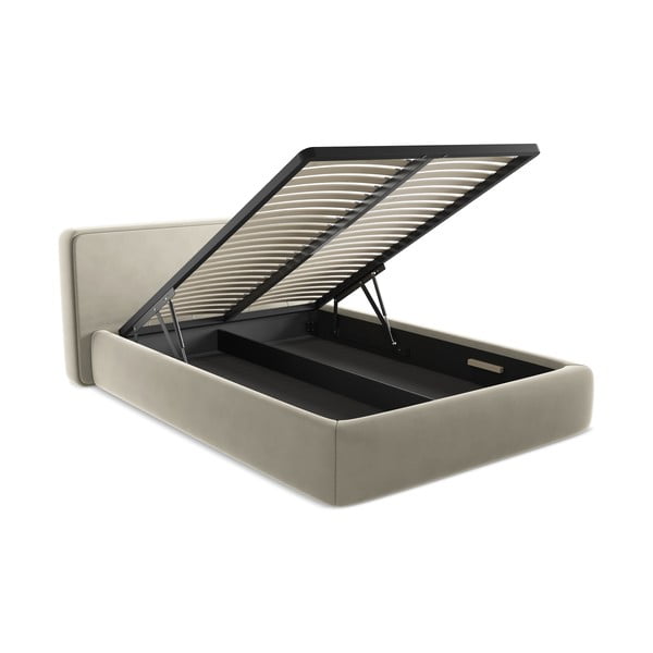 Pat matrimonial crem tapițat cu spațiu de depozitare cu somieră 180x200 cm Kiana – Makamii-image-3