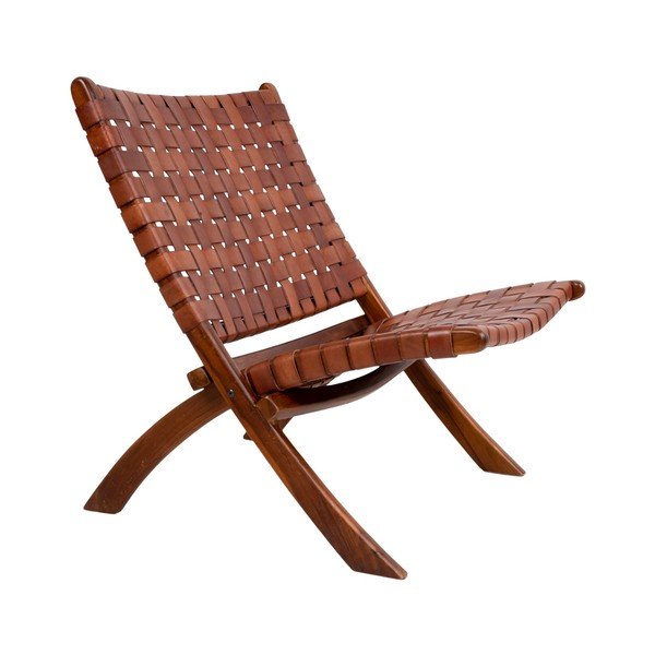 Scaun pliabil din piele și lemn de tec House Nordic Montana, maro-image-2