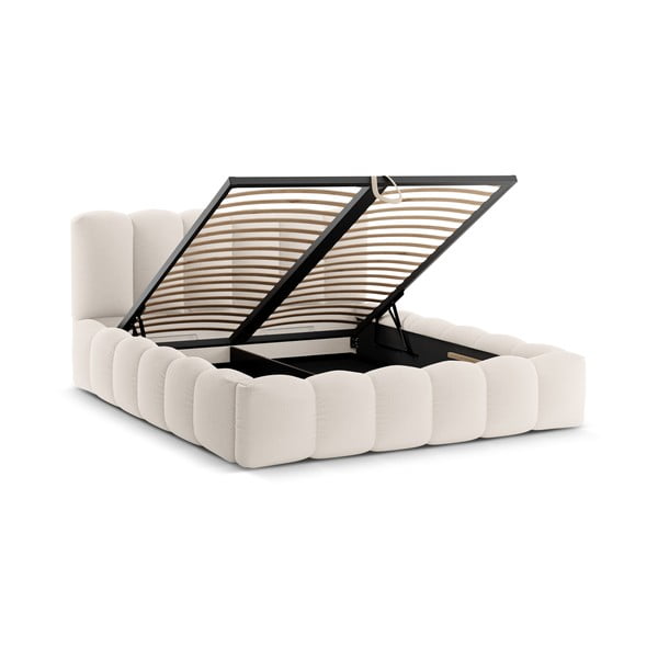 Pat matrimonial crem tapițat cu spațiu de depozitare cu somieră 160x200 cm Lupine – Micadoni -image-2