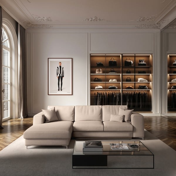 Colțar bej extensibil, cu spațiu de depozitare cu tapițerie din catifea (cu colț pe partea stângă, cu șezlong) Rene – Rodier-image-1