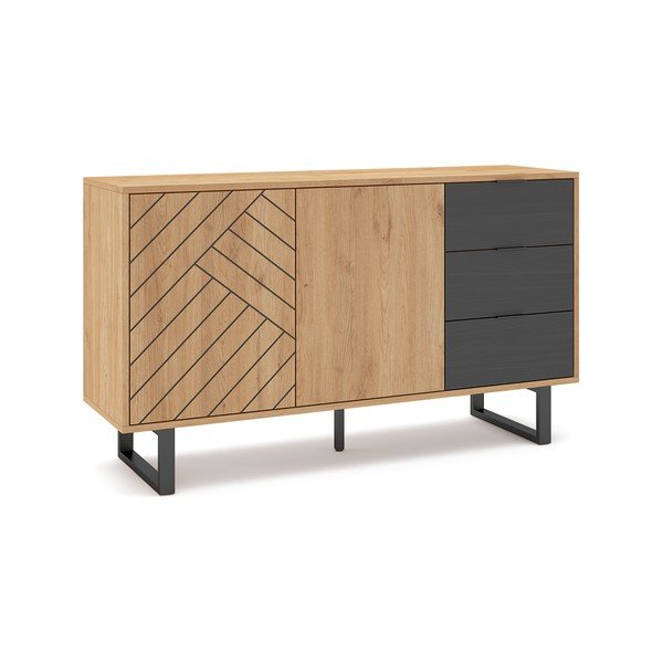 Comodă gri antracit/natural joasă cu aspect de lemn de stejar 140x80 cm Madona – Marckeric-image-2