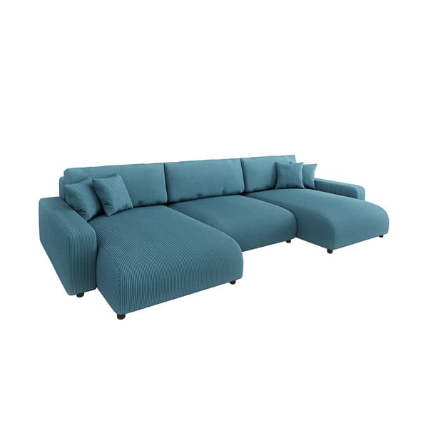 Colțar turcoaz extensibil, cu spațiu de depozitare, cu tapițerie din catifea reiată Sara – Ropez