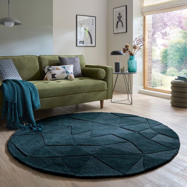 Covor albastru-verde țesut manual rotund din lână ø 160 cm Shard Teal – Flair Rugs-image-1