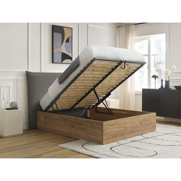 Pat matrimonial gri/taupe tapițat/din  placă aglomerată de lemn tapițat cu spațiu de depozitare cu somieră 180x200 cm Charlie – Bobochic Paris-image-1