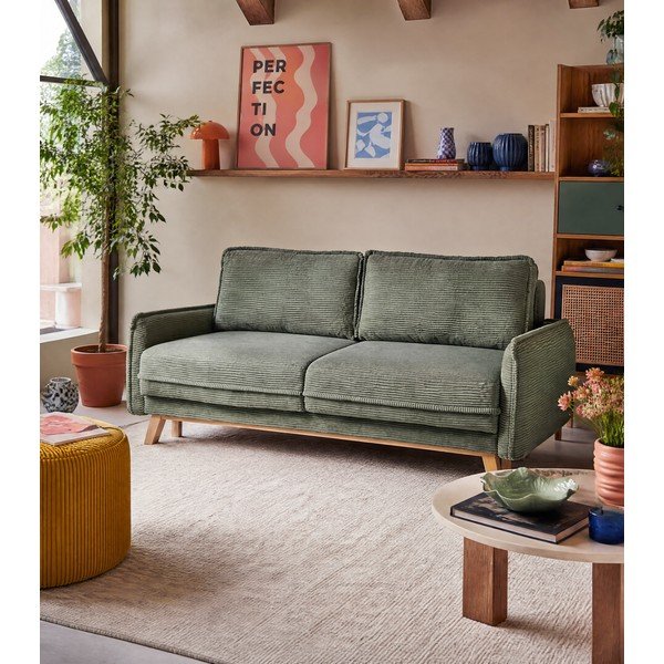 Canapea verde-deschis extensibilă cu tapițerie din catifea reiată  218 cm Tori – Bonami Selection-image-1