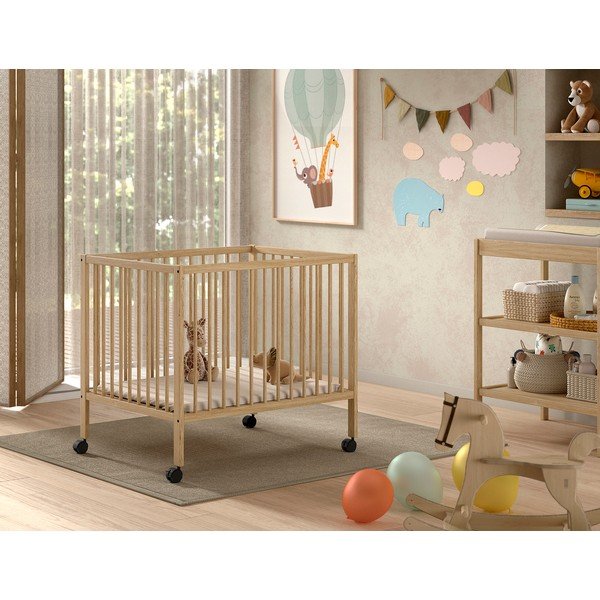 Țarc pentru copii în culoare naturală din lemn de fag cu înălțime reglabilă/cu roți 95x75 cm Dino – Vipack-image-1