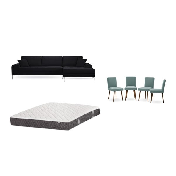 Set canapea neagră cu șezlong pe partea dreaptă, 4 scaune gri-verde și saltea 160 x 200 cm Home Essentials