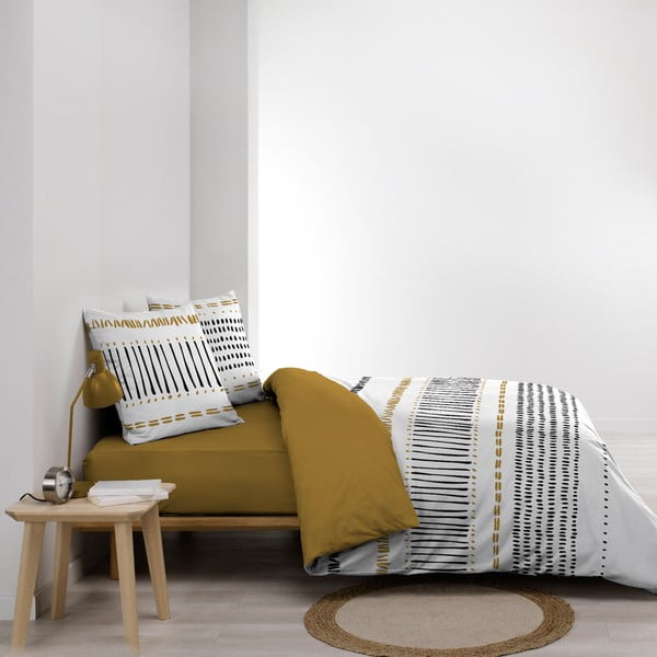 Lenjerie de pat galben-muștar/albă din bumbac pentru pat dublu, extinsă 240x220 cm Chicago – douceur d'intérieur-image-1