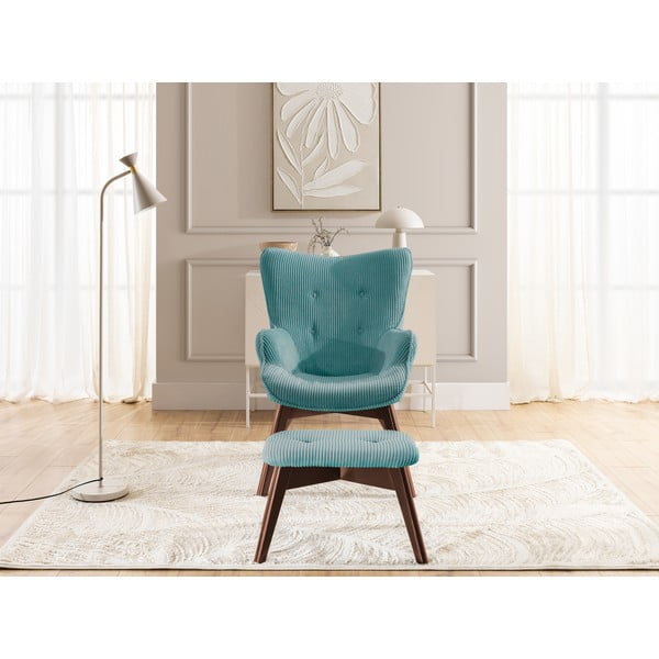 Fotoliu cu taburet turcoaz cu tapițerie din catifea reiată Niko – Ropez-image-1