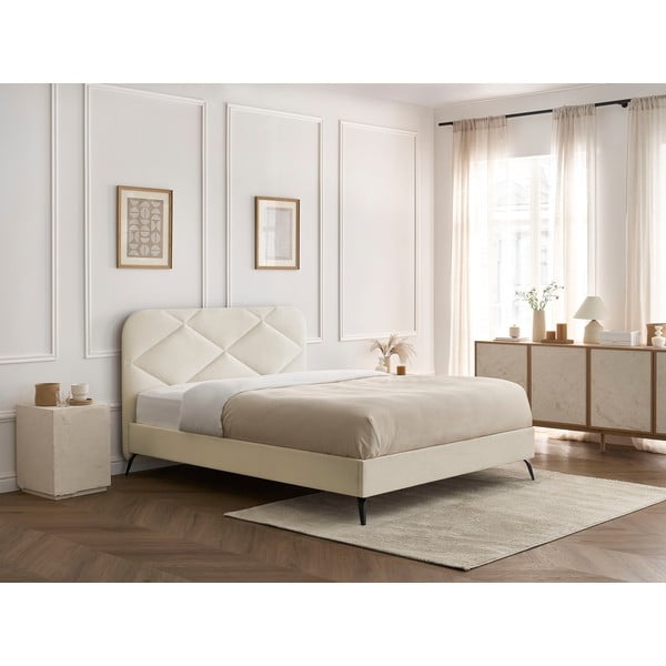 Pat matrimonial bej tapițat cu somieră 160x200 cm Prune – Bobochic Paris-image-4