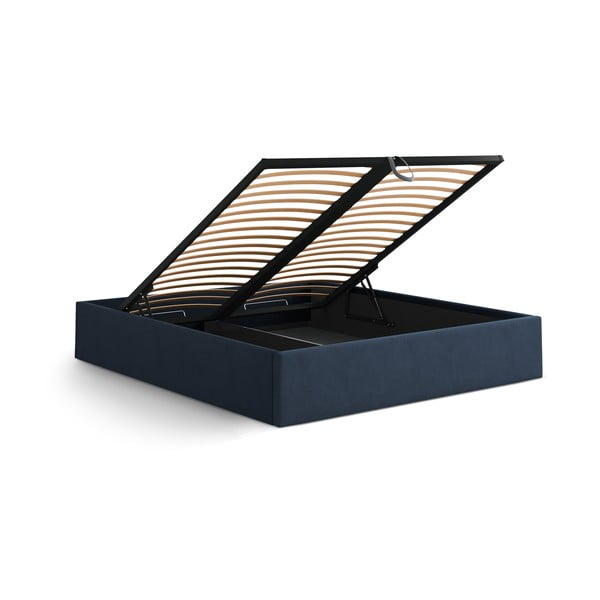 Pat matrimonial albastru închis tapițat cu spațiu de depozitare/fără tăblie cu somieră 180x200 cm Susan – Micadoni -image-3